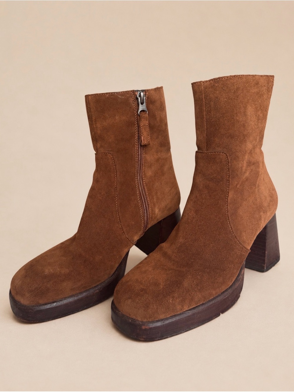 L’INTERVALLE Chestnut Brown Suede Platform Block Heel Ankle Boots 38 / US 7.5-8 - Picture 4 of 17